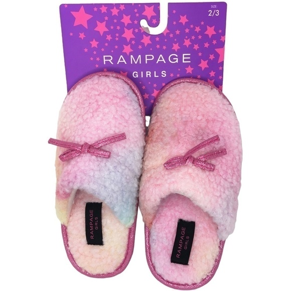 🌸 RAMPAGE Barbiecore Girls Slippers Fuchsia Multi Faux Fur Sherpa Slip On NIP - Picture 3 of 5